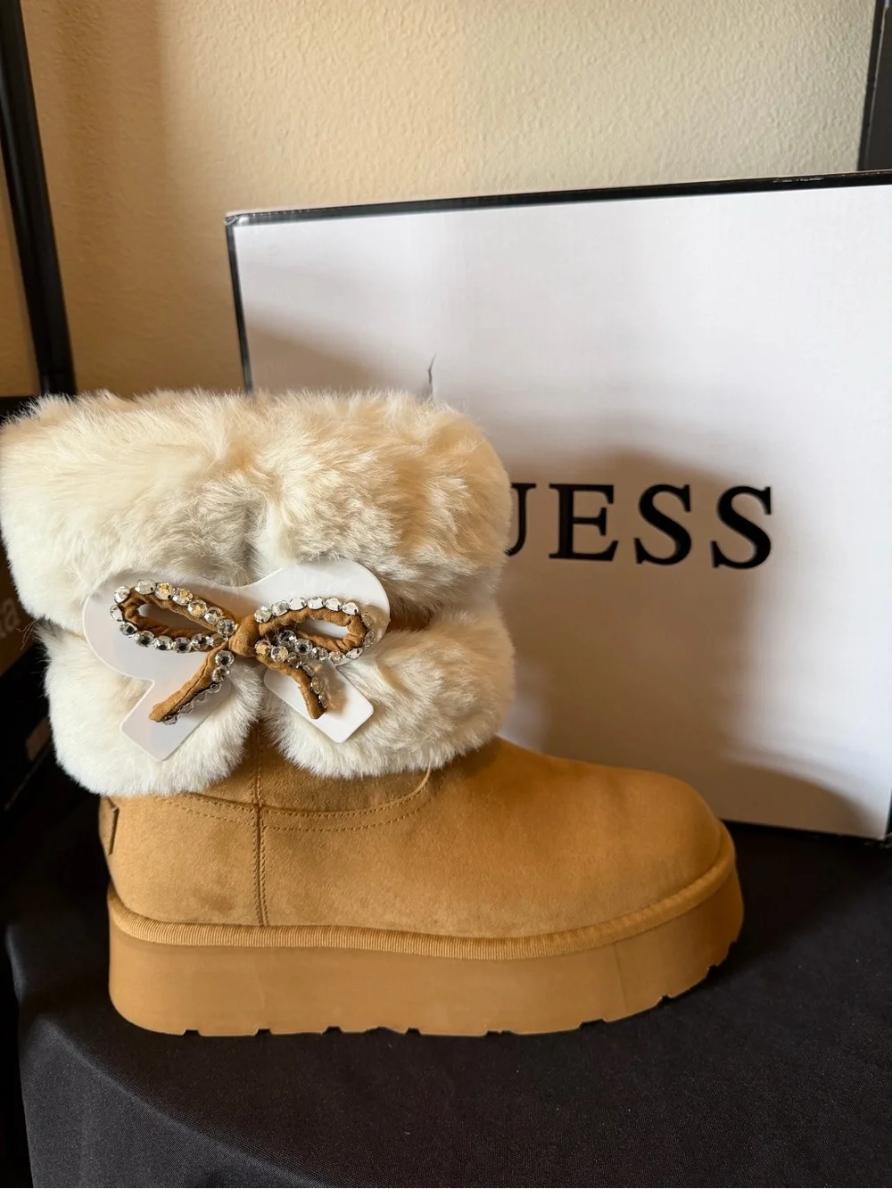 GUESS “Dowry” FUR BOOTS with embellished bow 🎀